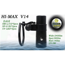 HI-MAX V14 avec 5pc XM-L / U2, 2pc XP-G R2, 3pc UV LED, 2400lm Wide, 900lm Spot, 140lm Red, 3W uv led 365nm vidéo sous-marine